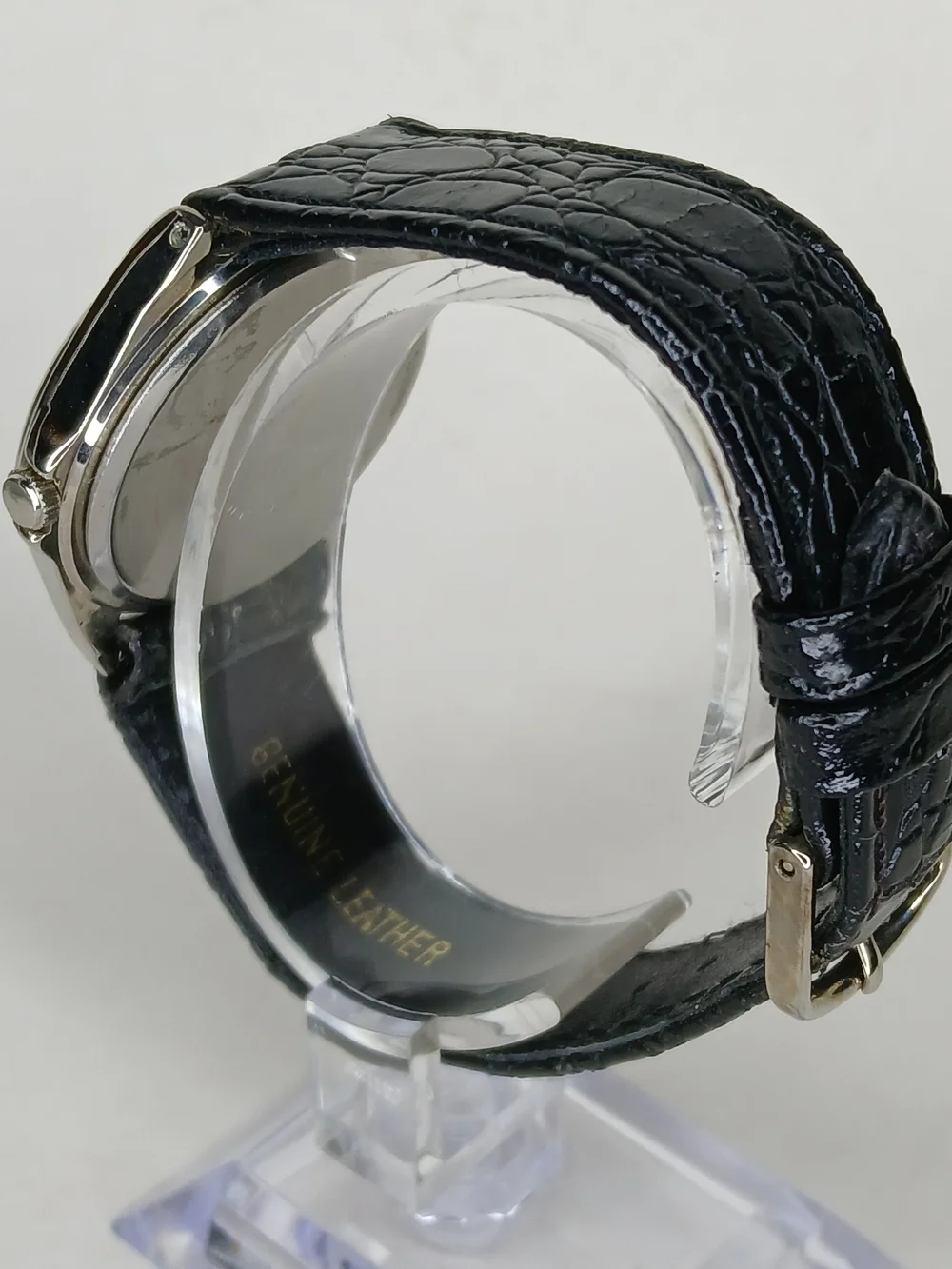 Q&Q Citizen Quartz Watch White Dial Date Silver Case Black Leather Strap Working